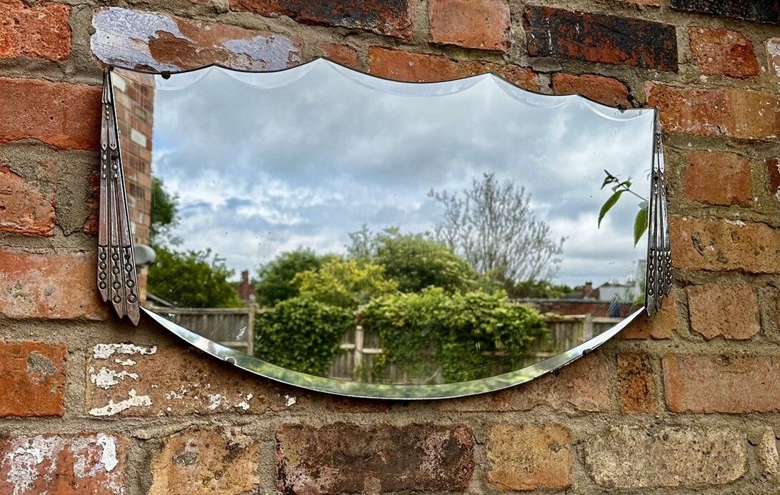 Antique Art Metal Metal Frame Bevelled Mirror 68cm By 40cm photo for sale