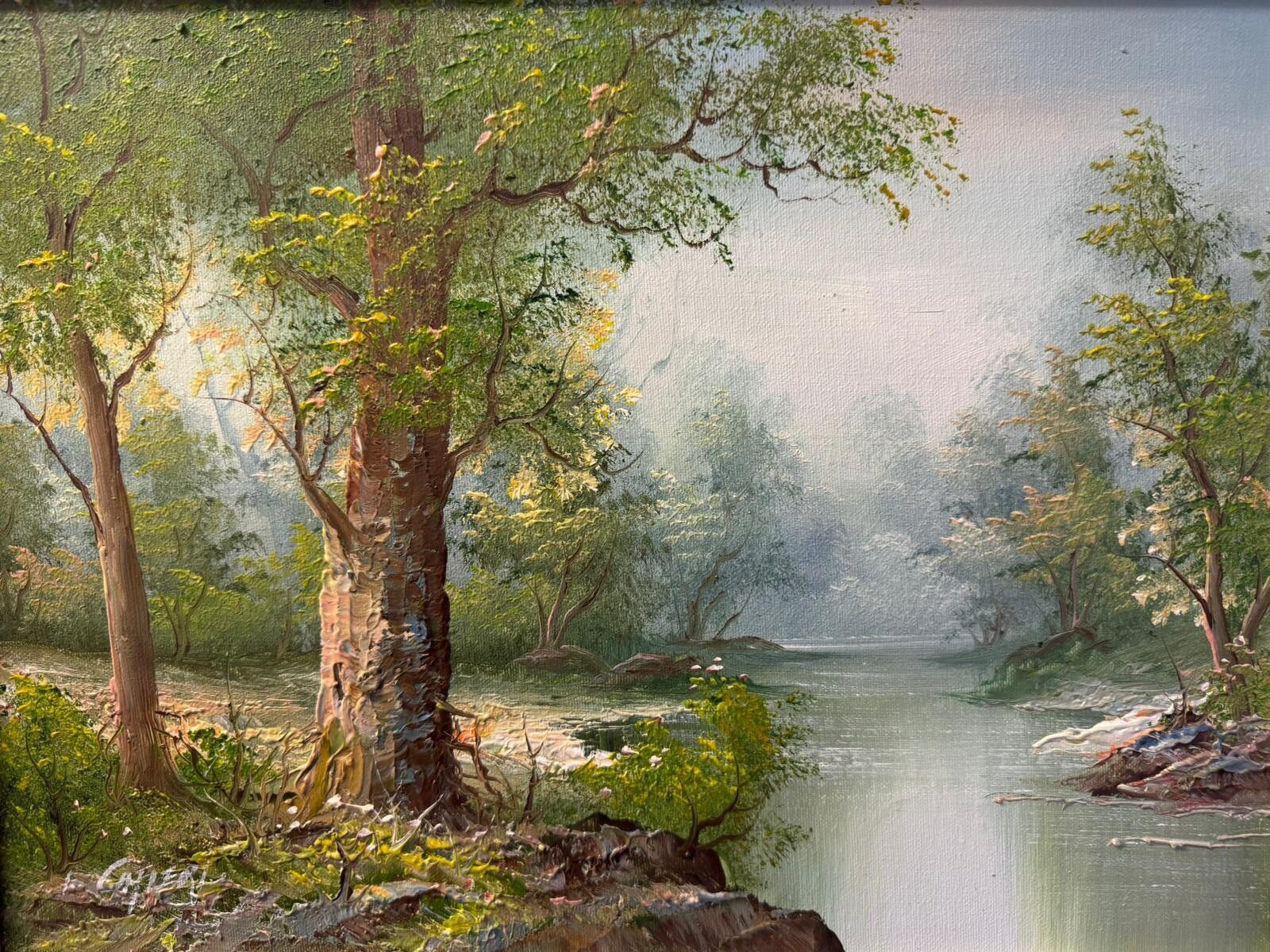 Irene Cafieri Original Large Oil Painting House In Woods, Signed By Artist photo for sale