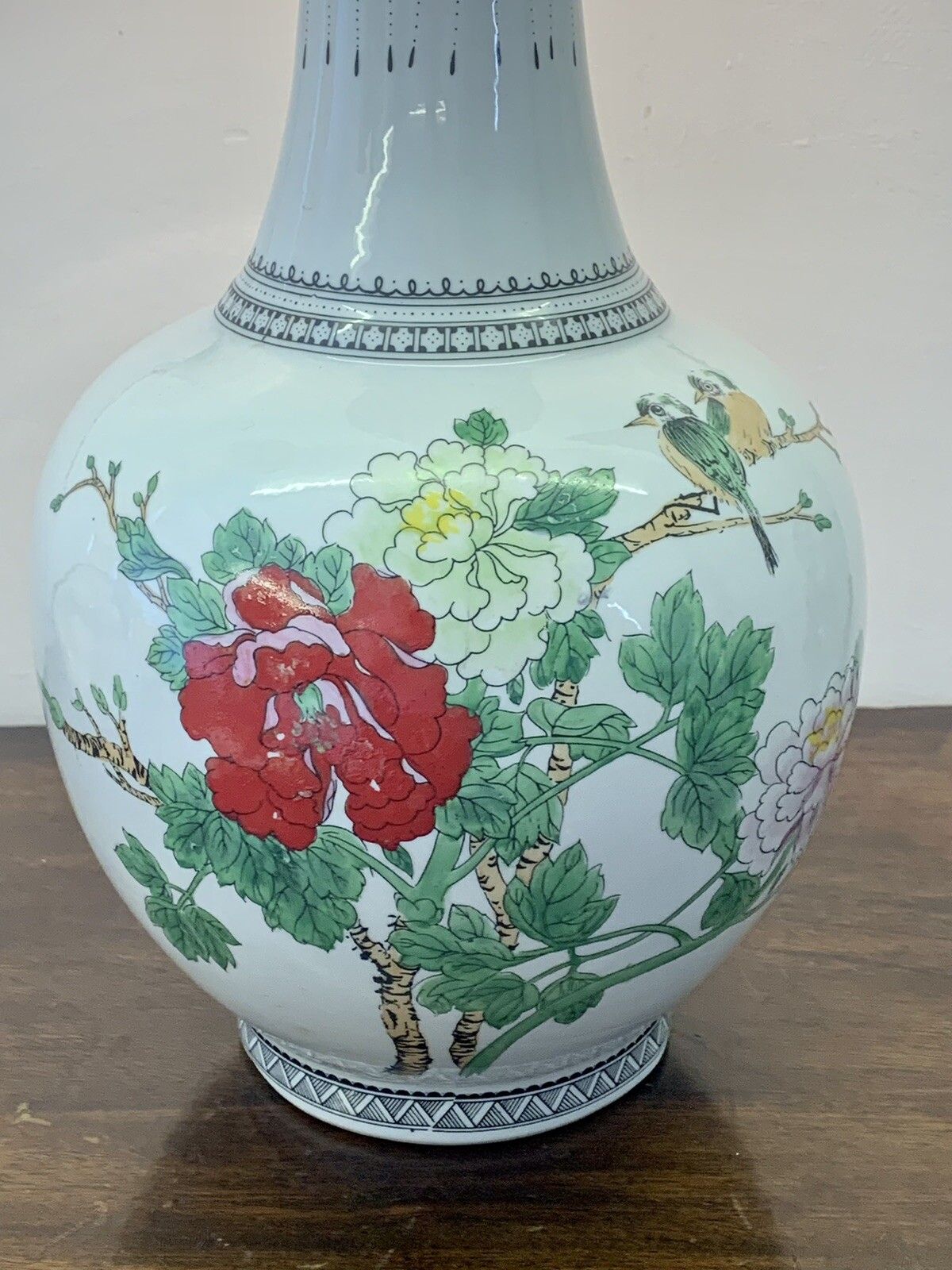 Vintage Mid Century Oriental Ceramic Vase Table Lamp Hand Painted Floral Birds photo Lighting