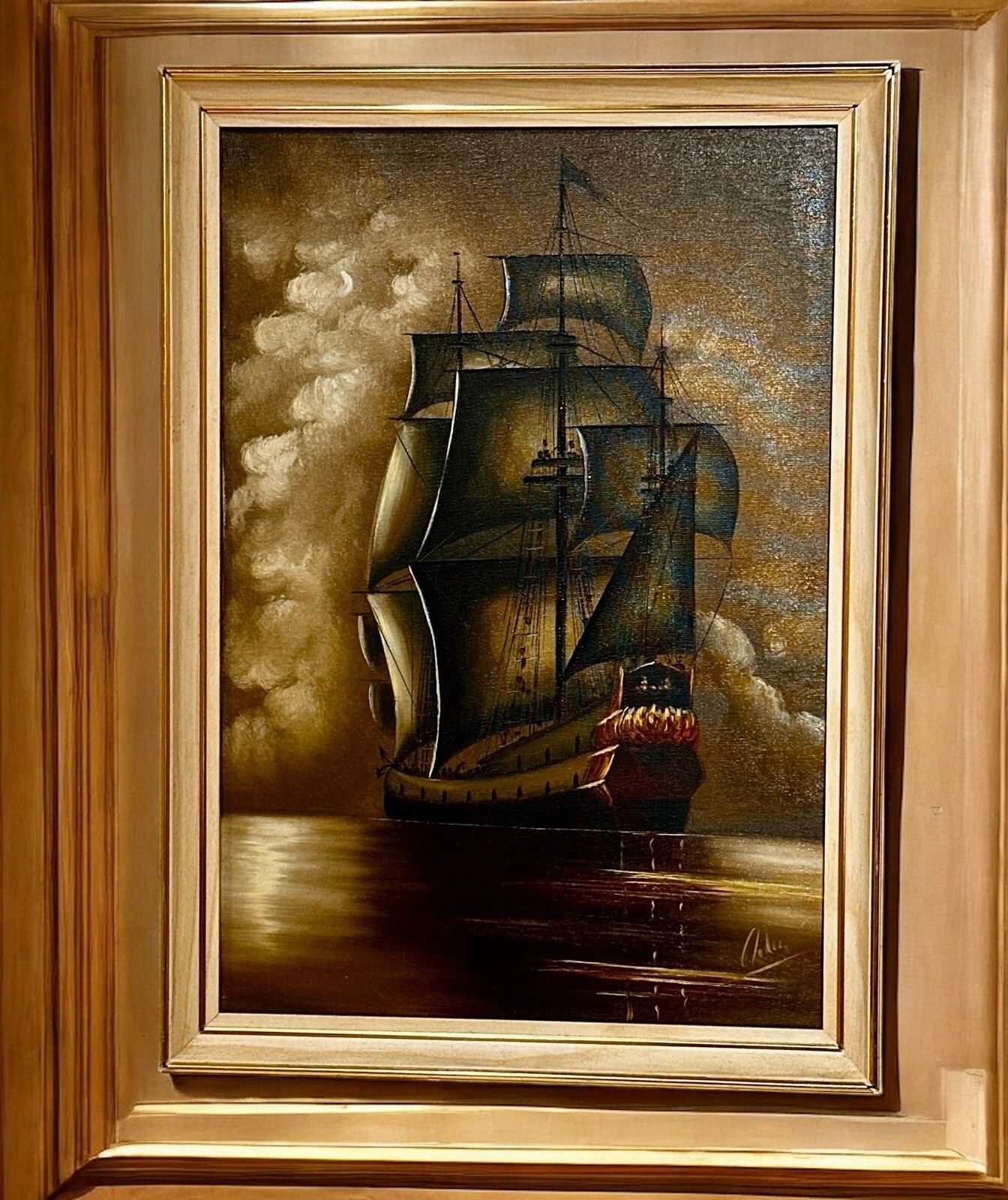 Mid Century Seascape Oil Painting Wood Frame, Signed By Artist Ship Maritime photo for sale