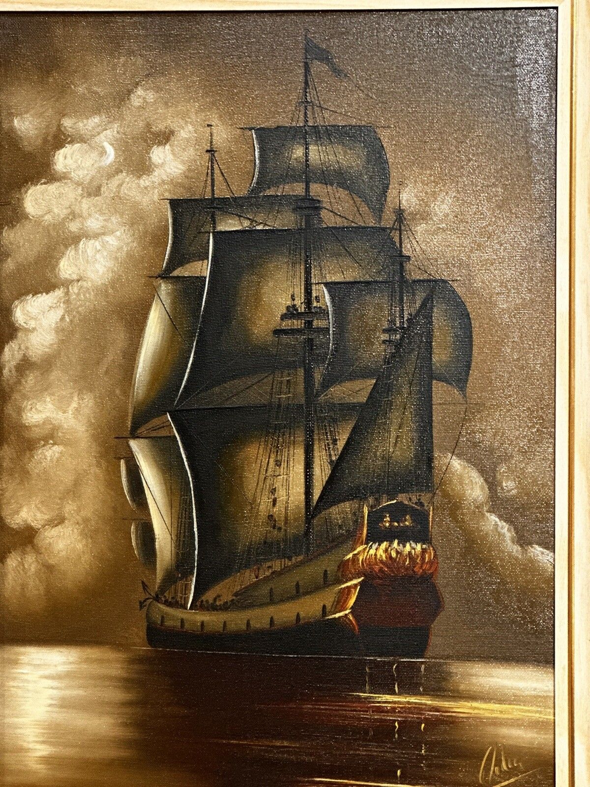 Mid Century Seascape Oil Painting Wood Frame, Signed By Artist Ship Maritime photo vinterior