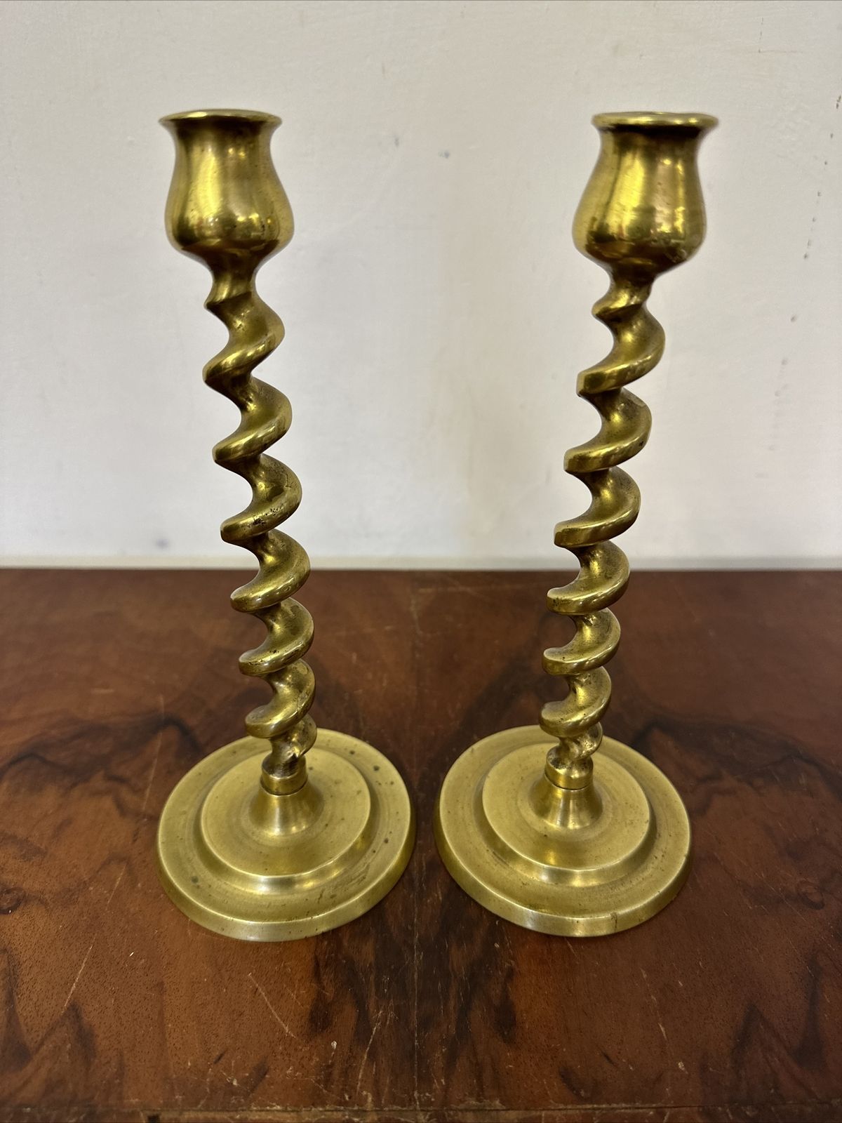 Pair Of Antique 19c English Barley Twist Brass Candlesticks Gorgeous