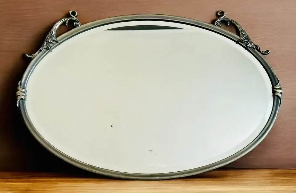 Antique White Metal Bevelled Oval Mirror   C1910 Edwardian Art Deco   80 By 54cm photo furniture