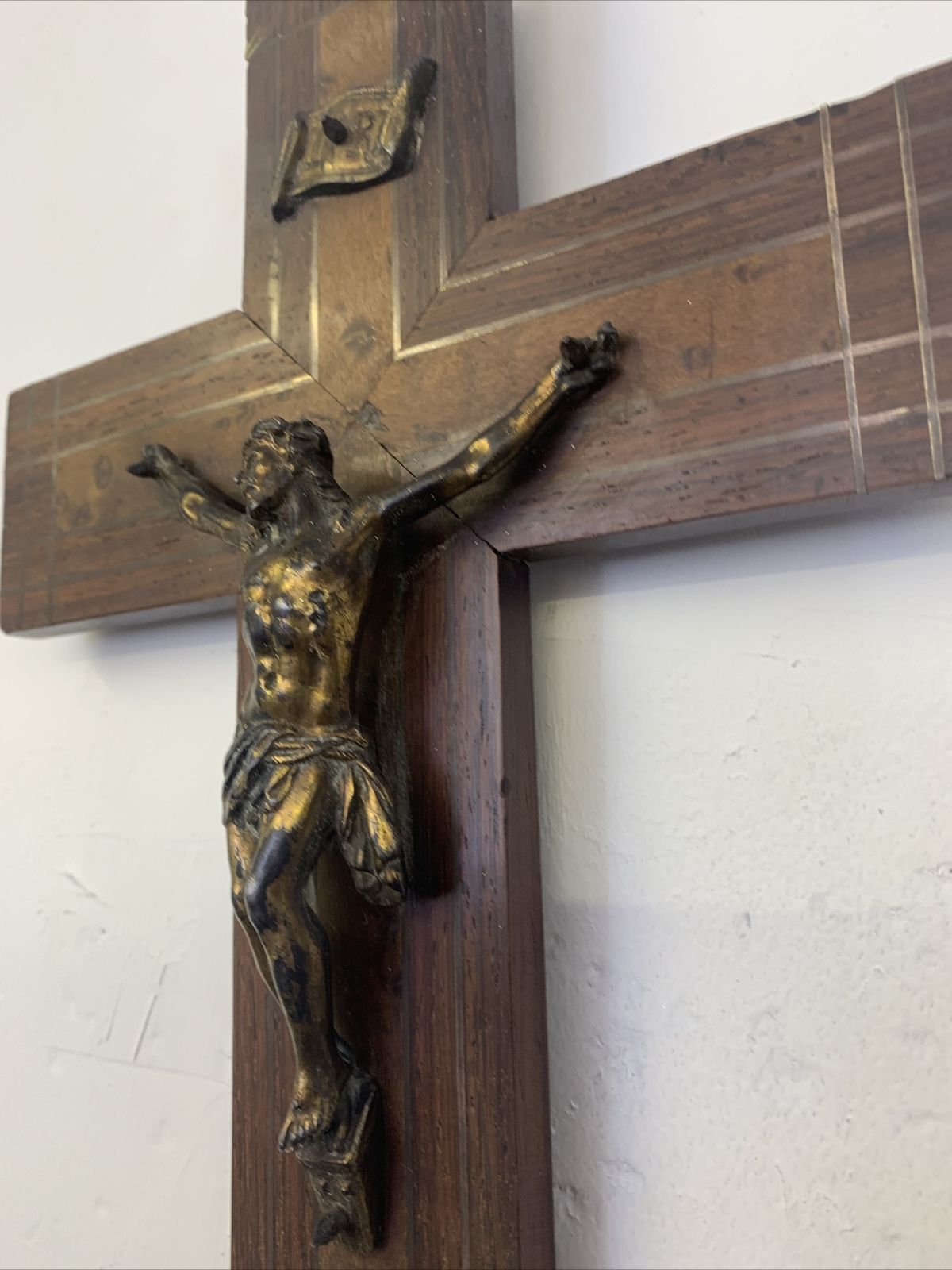 Antique French Oak Walnut And Brass Inlay Crucifix Fabulous Quality photo furniture
