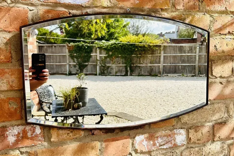 Antique Oak 1920’s Stylish Bevelled Wooden Wall Mirror   69cm By 41cm photo for sale