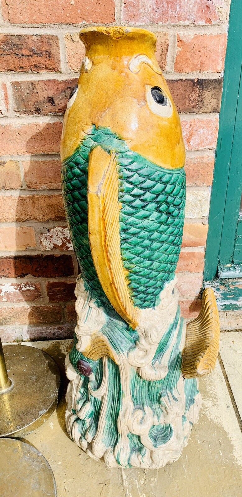 Huge Magnificent Chinese Sancai Glaze Figural Pottery Koi Fish Vase photo vintage