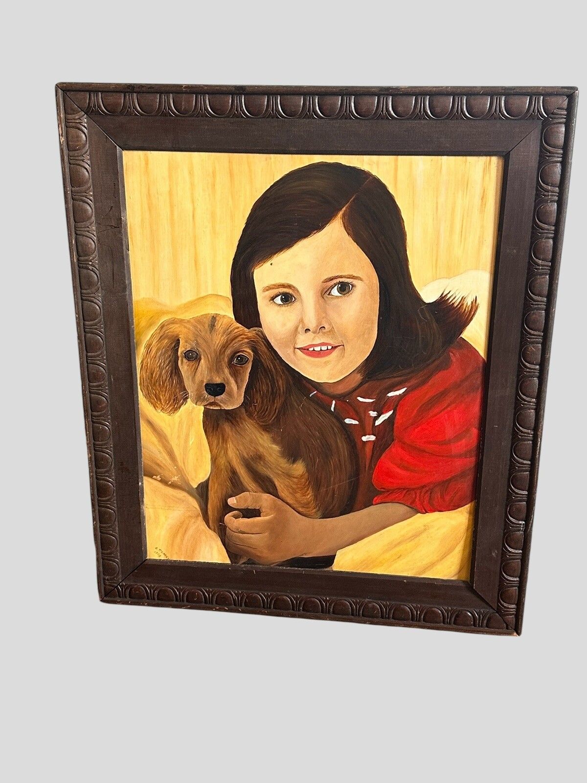Mid Century 1970’s Signed Painting Of A Girl And Her Dog Portrait 70cm By 58cm photo furniture