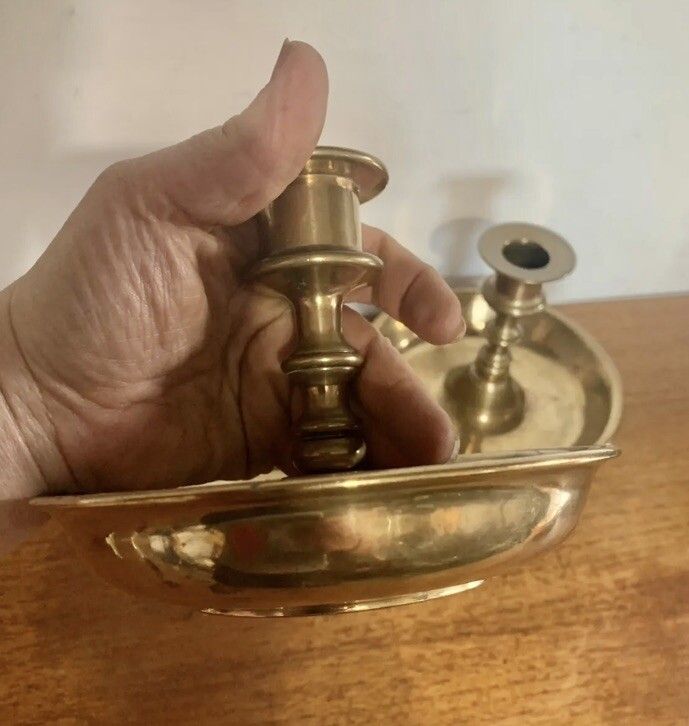 Antique Original Georgian Superb Pair Of Chamber Sticks Heavy Brass 1600 Grams photo vinterior