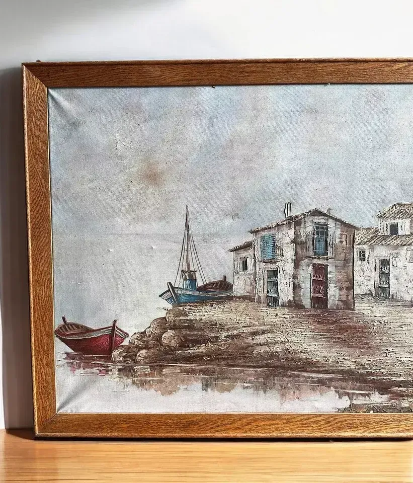 Mid Century Signed Oil Nautical Spanish Harbour Fishing Scene 70cm By 56cm photo Art