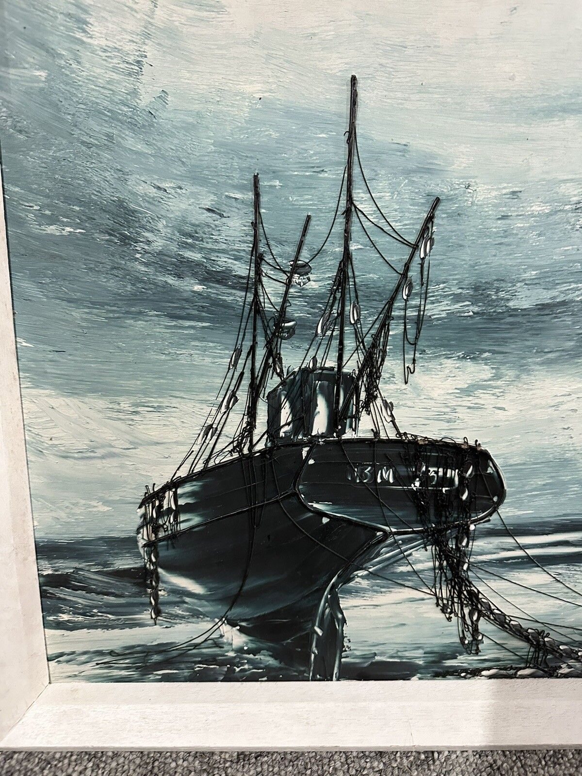 Mid Century Original Signed Fishing Nautical Maritime Scene 80cm By 48cm photo vinterior
