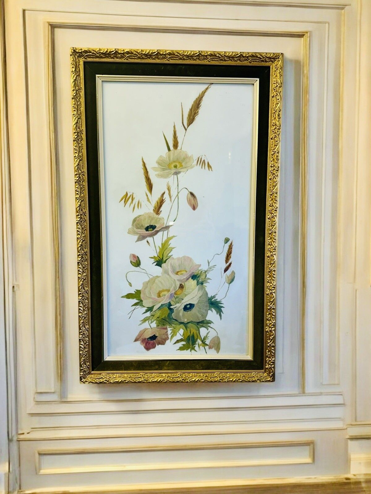 Late 20th Century Painting On Opaque Glass Depicting Wild Botanical Flowers photo furniture