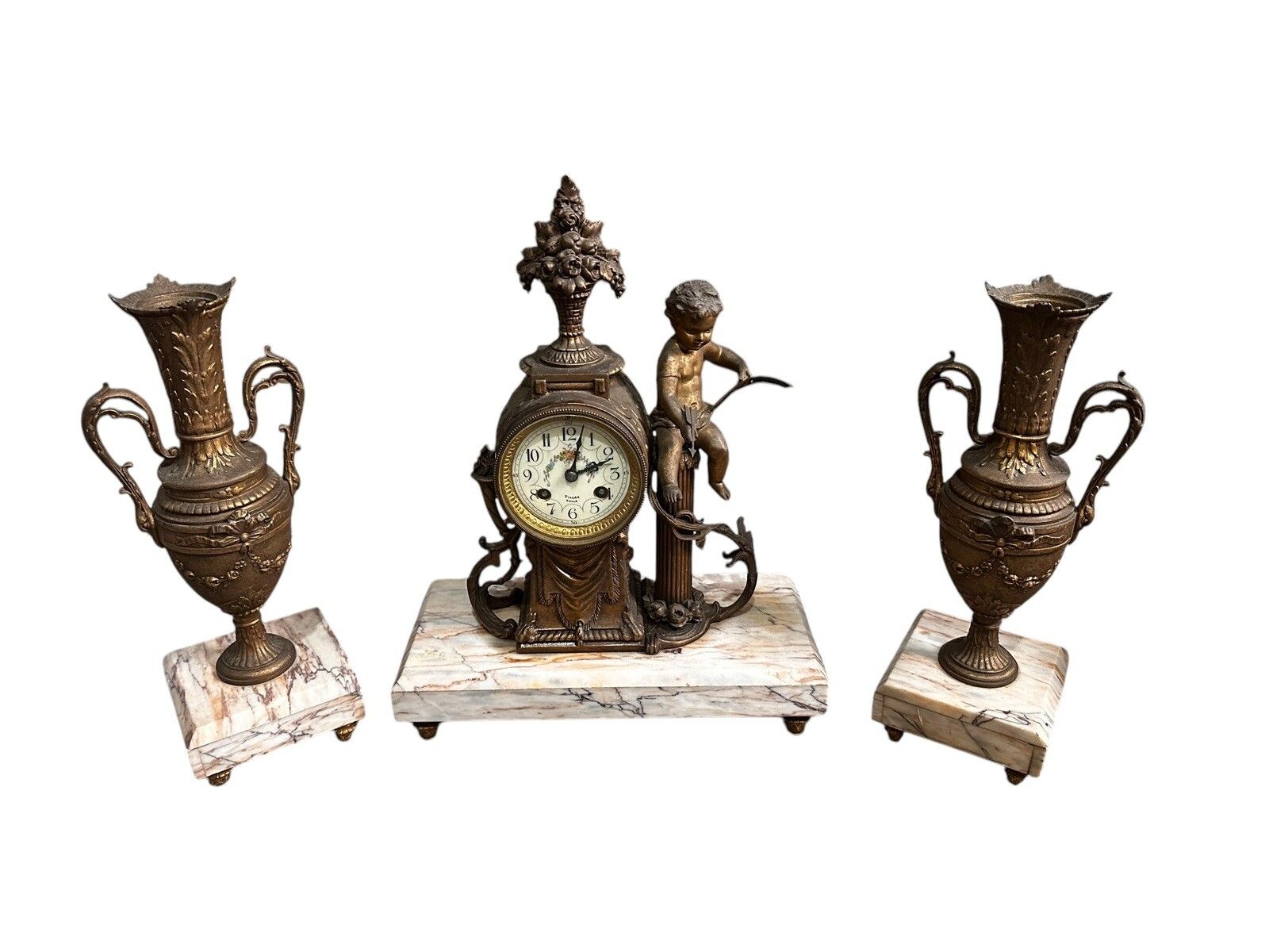 19th C French F Marti Cherub Putti Cupid Garniture Clock. Impressive