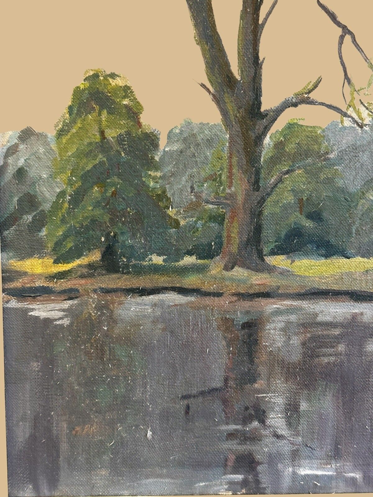 Mid Century C1960’s Canvas Painting Woodland Lake River Scene 64cm By 59cm photo for sale