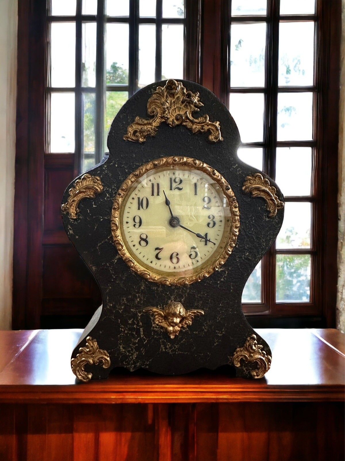 New Haven Clock Co. Mantle Clock C.1880 Gilt Rococo Cherub Detail Gorgeous