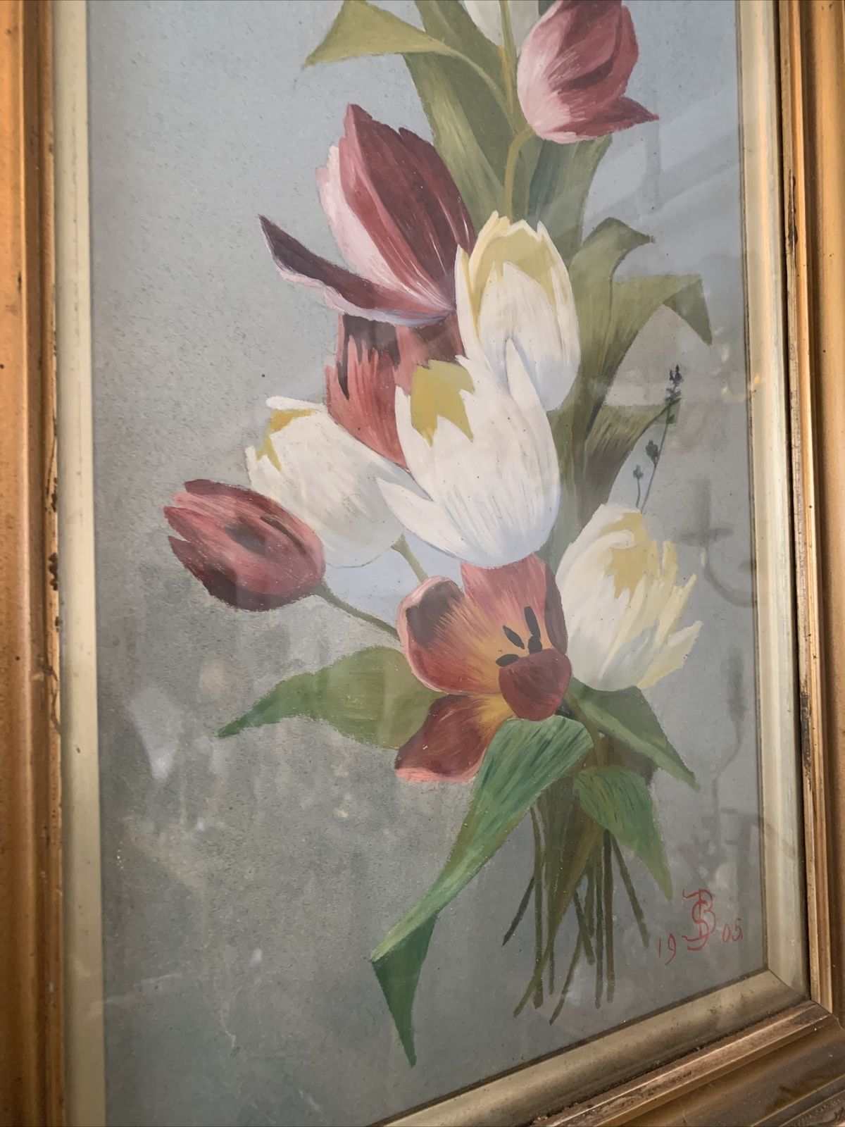 Antique Painting On Canvas Tulips   Ornate Gilt Frame  Signed 70cm By 40cm photo for sale