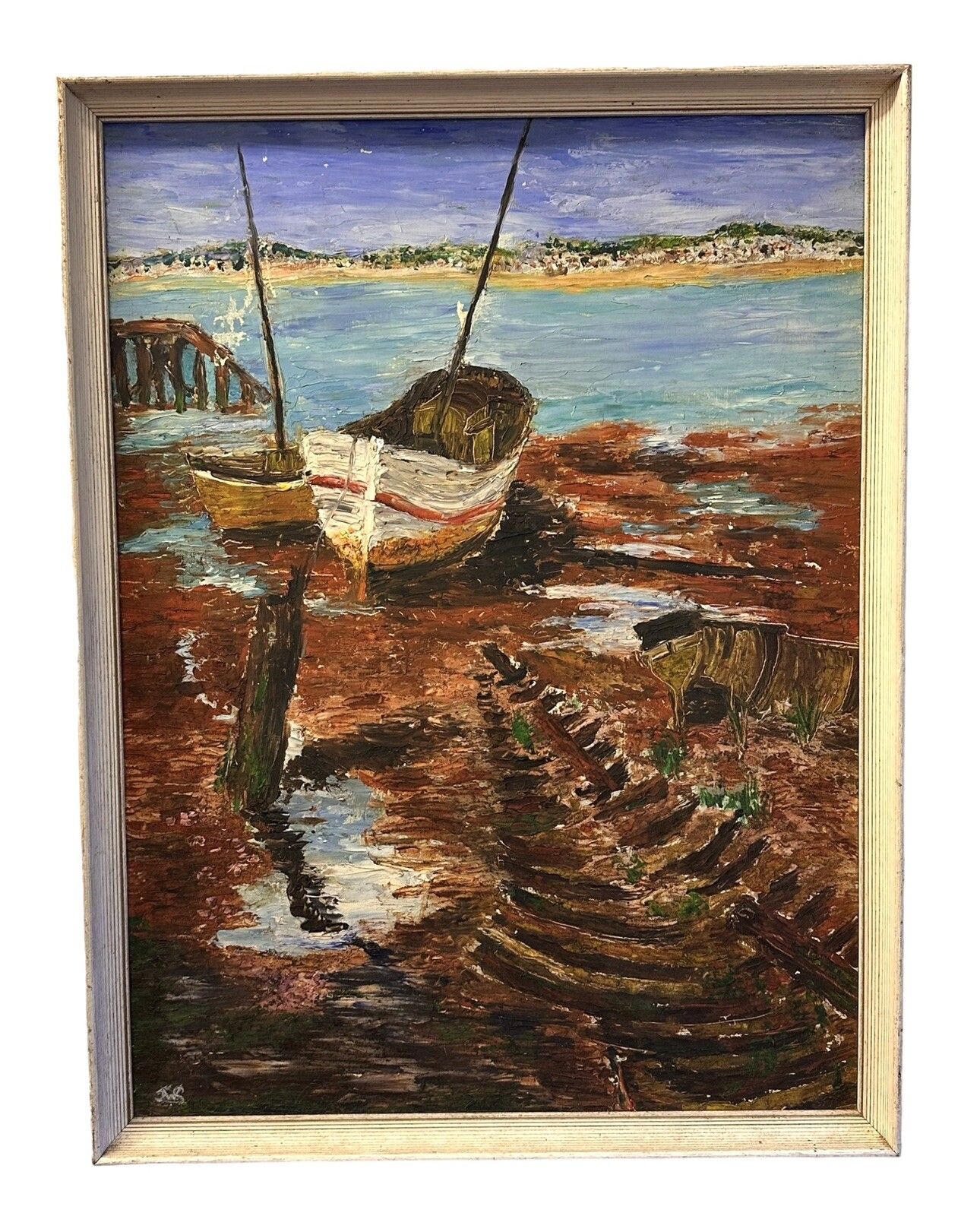 Mid Century Oil  Nautical Fishing Boat Scene Signed By Artist 64cm By 49cm