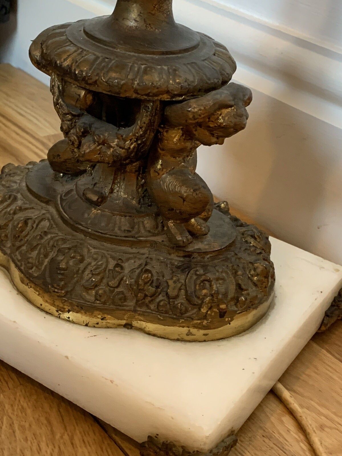 Antique Exquisite French Huge Bronze And Marble Cherub Table Lamp photo vinterior