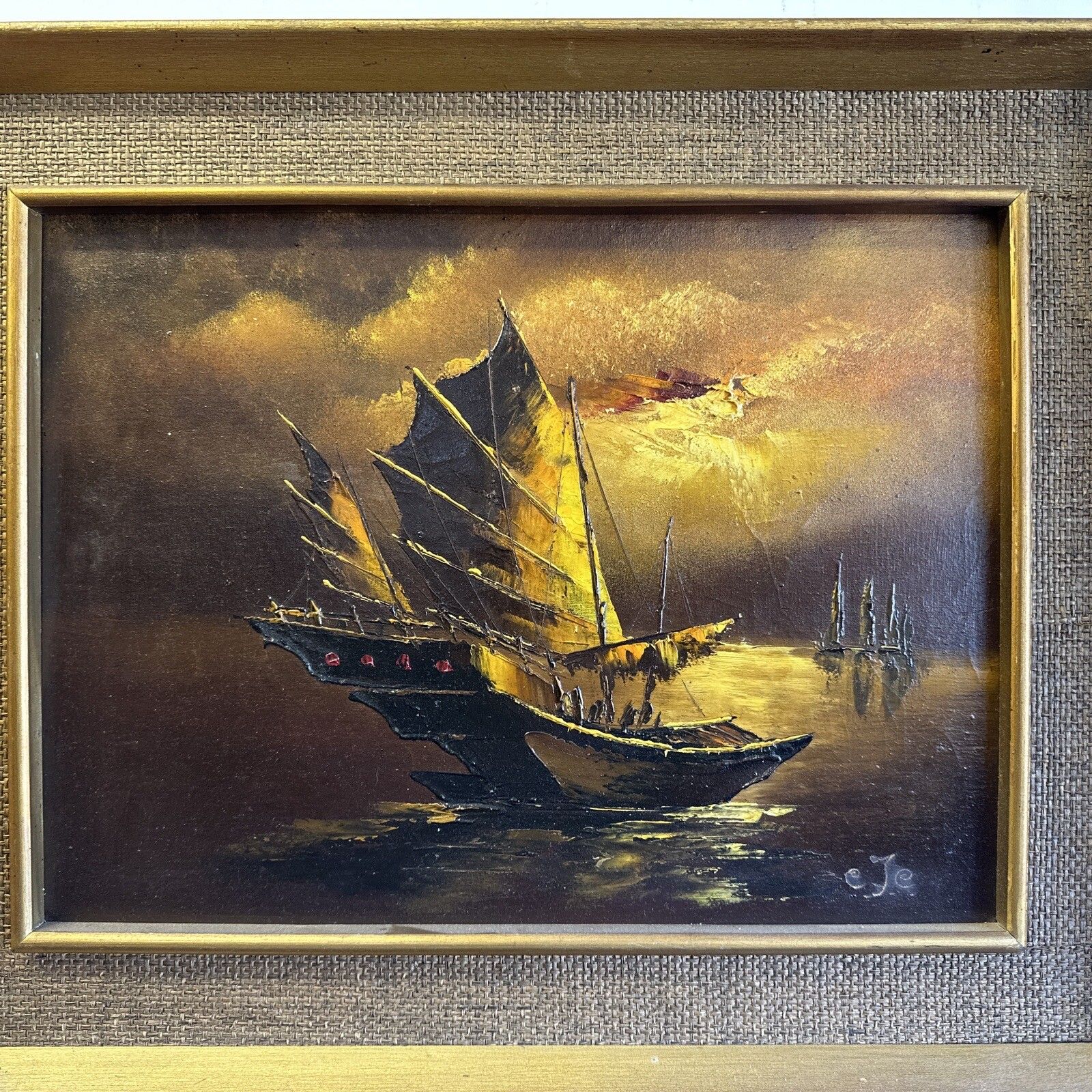 Superb Mid Century Signed Oil On Canvas Nautical Maritime Scene 54cm X 43cm photo furniture