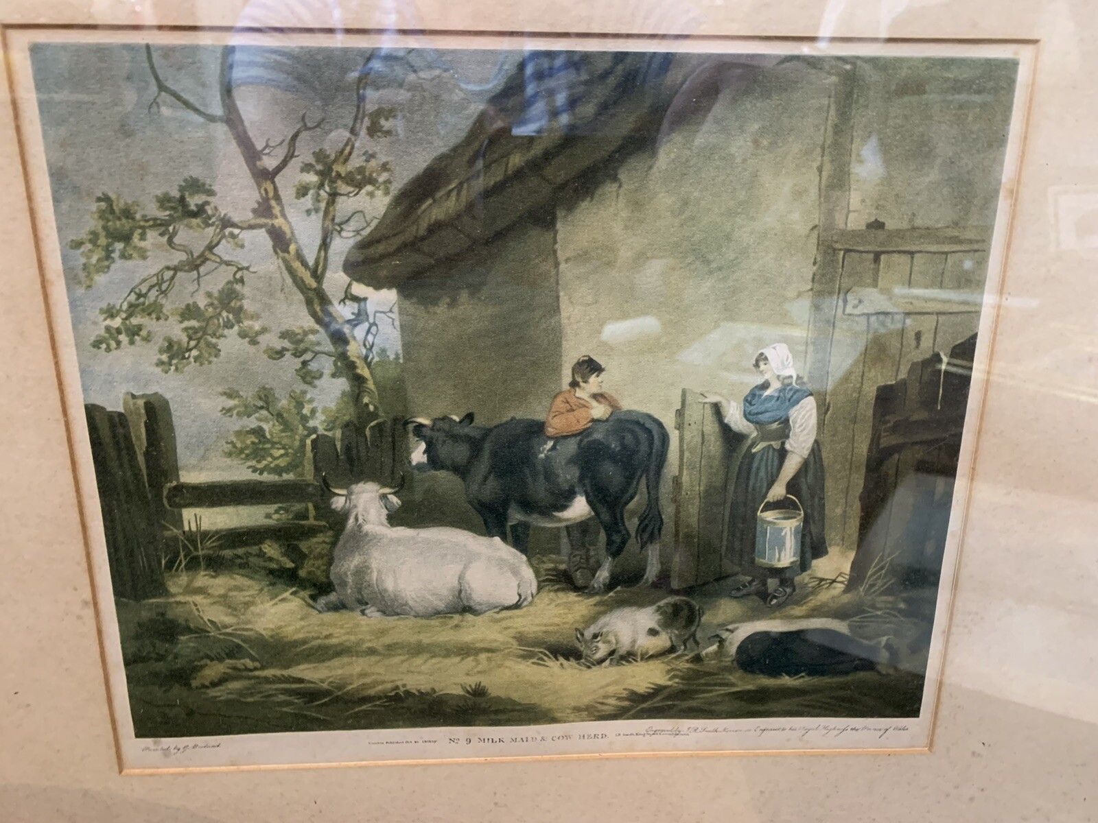 Milk Maid Mezzotint George Morland's" (1800’s) Print  Coloured Original Frame photo for sale