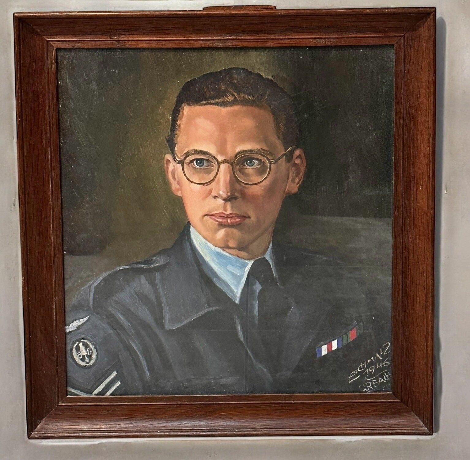 Original Oil Painting Portrait Of Military Officer Raf Bomb Disposal 1946 photo 225.0