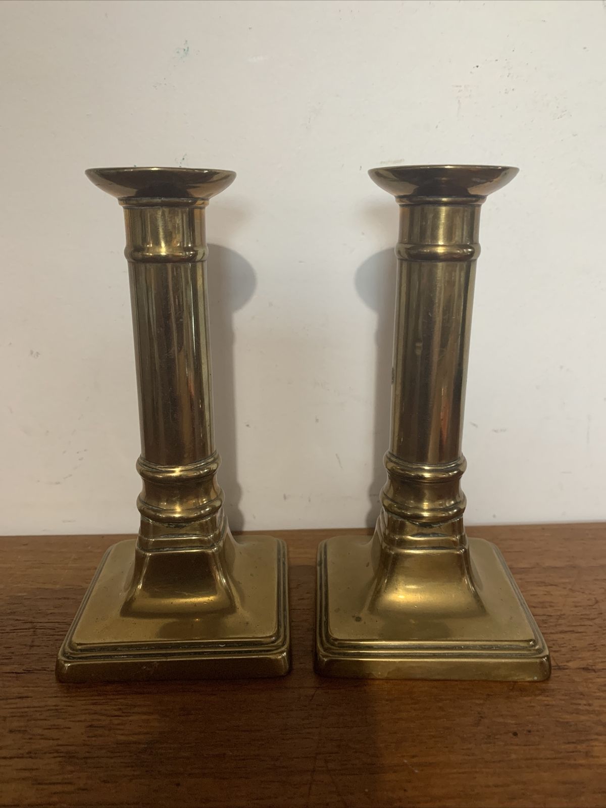 English Antique Brass Cannon Barrel Candlesticks Pair