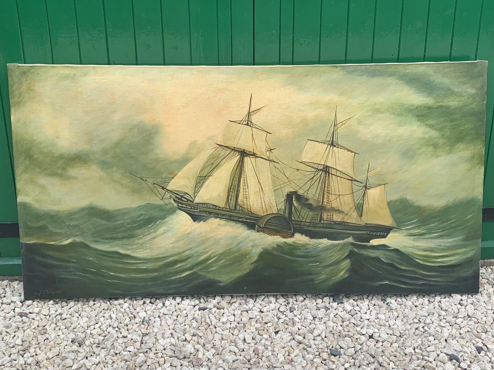 Vintage Original Signed Painting Clipper Galleon Shop Nautical 61.5 By 31” photo furniture