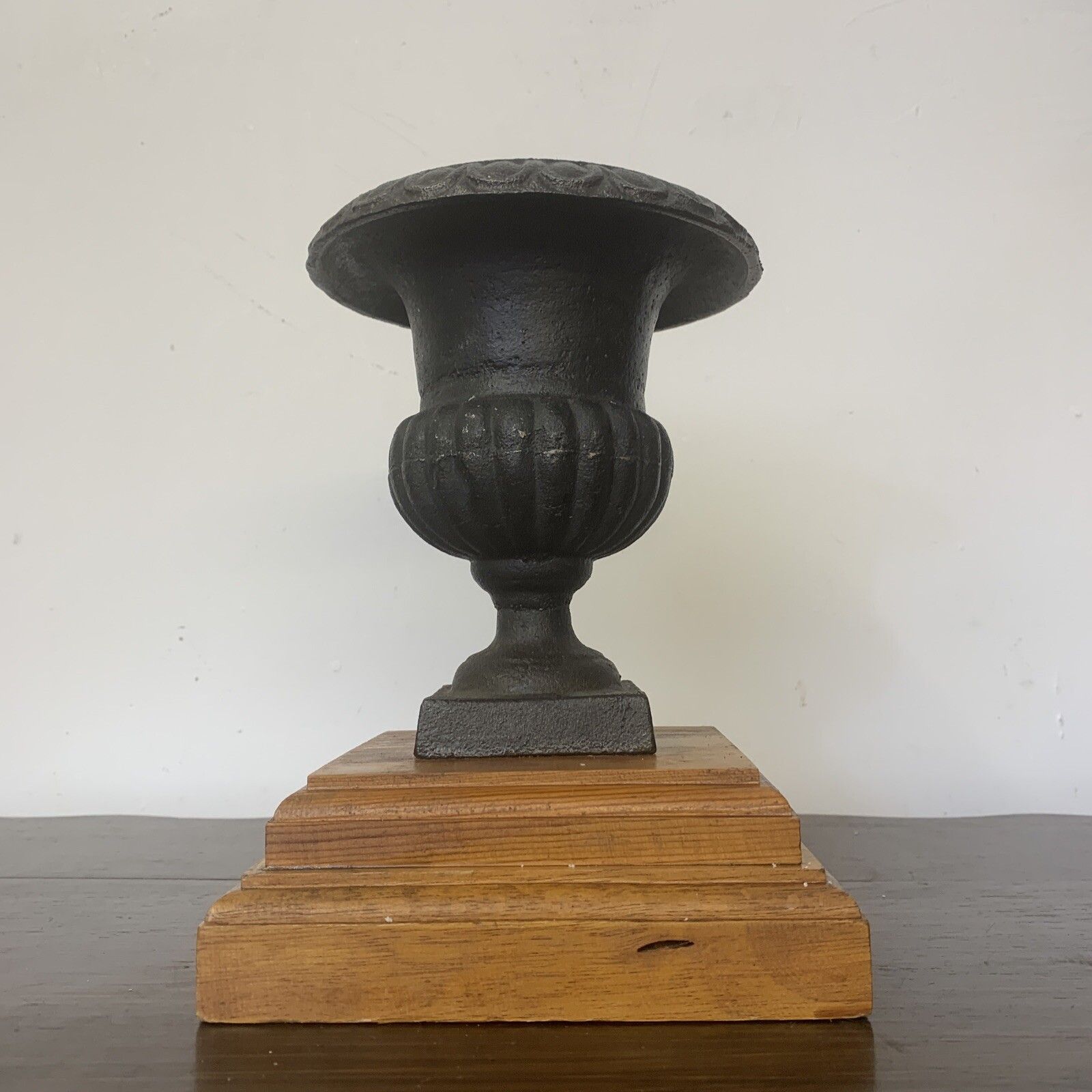 Antique Vintage Cast Iron Miniature Medici Urn On Wooden Plinth photo furniture