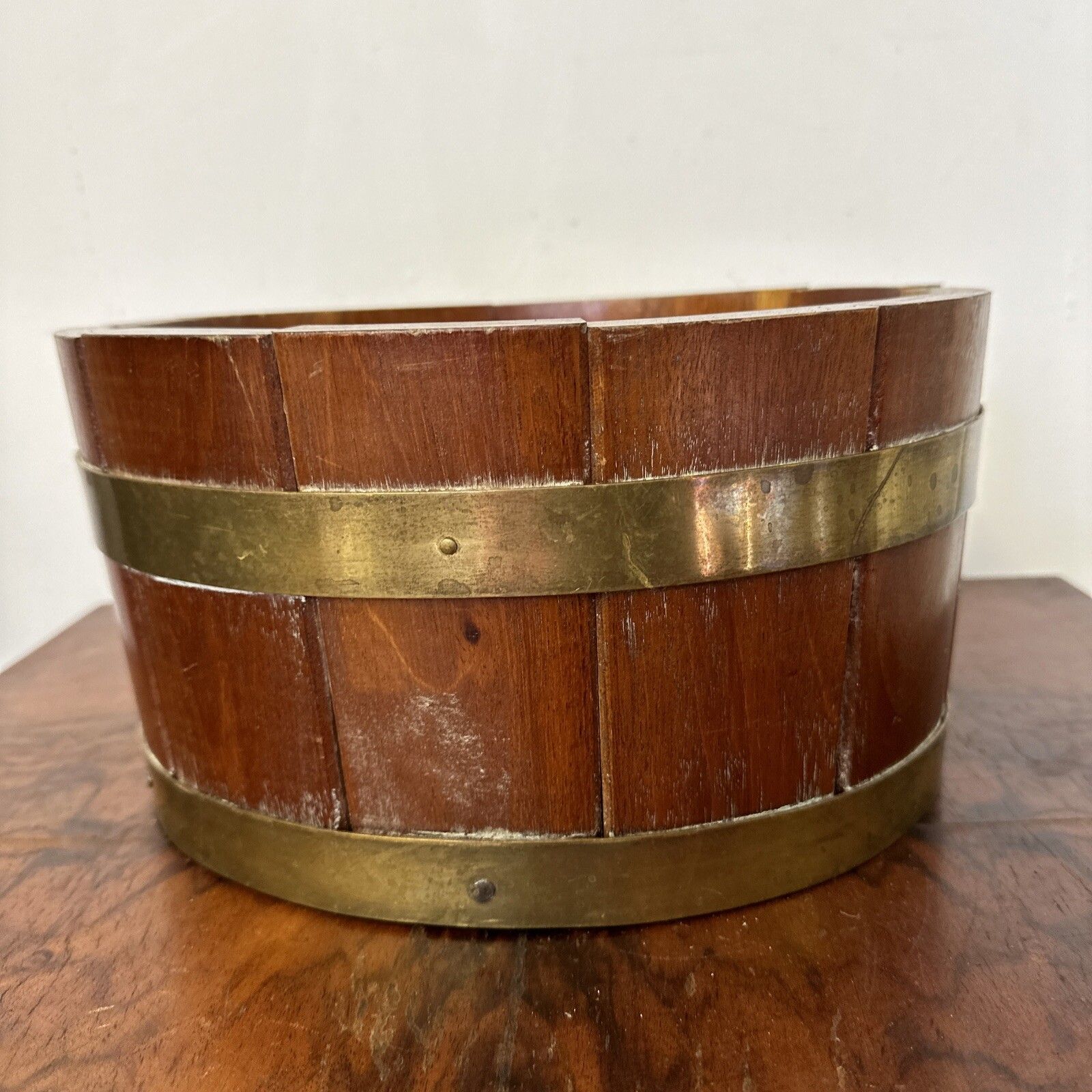 19th C Mahogany Oval Wooden Brass Bound Planter photo for sale