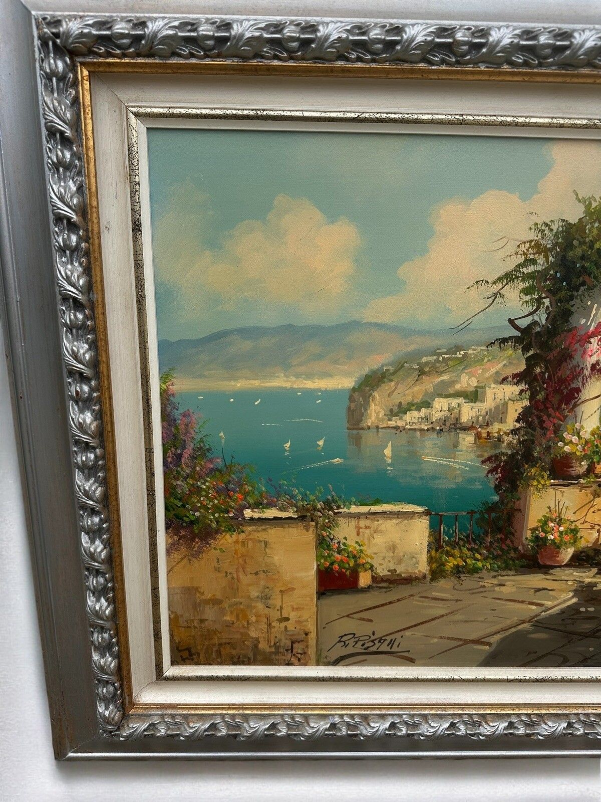 Amalfi Coast Landscape Seascape Bay Of Capri Large '70s Oil Painting 96cm Length photo Art