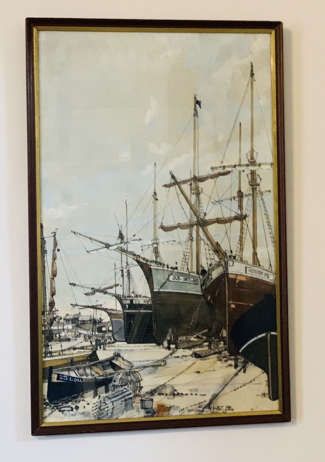 Fine Vintage Mixed Media Painting Harbour Boating Scene Signed By Artist photo furniture