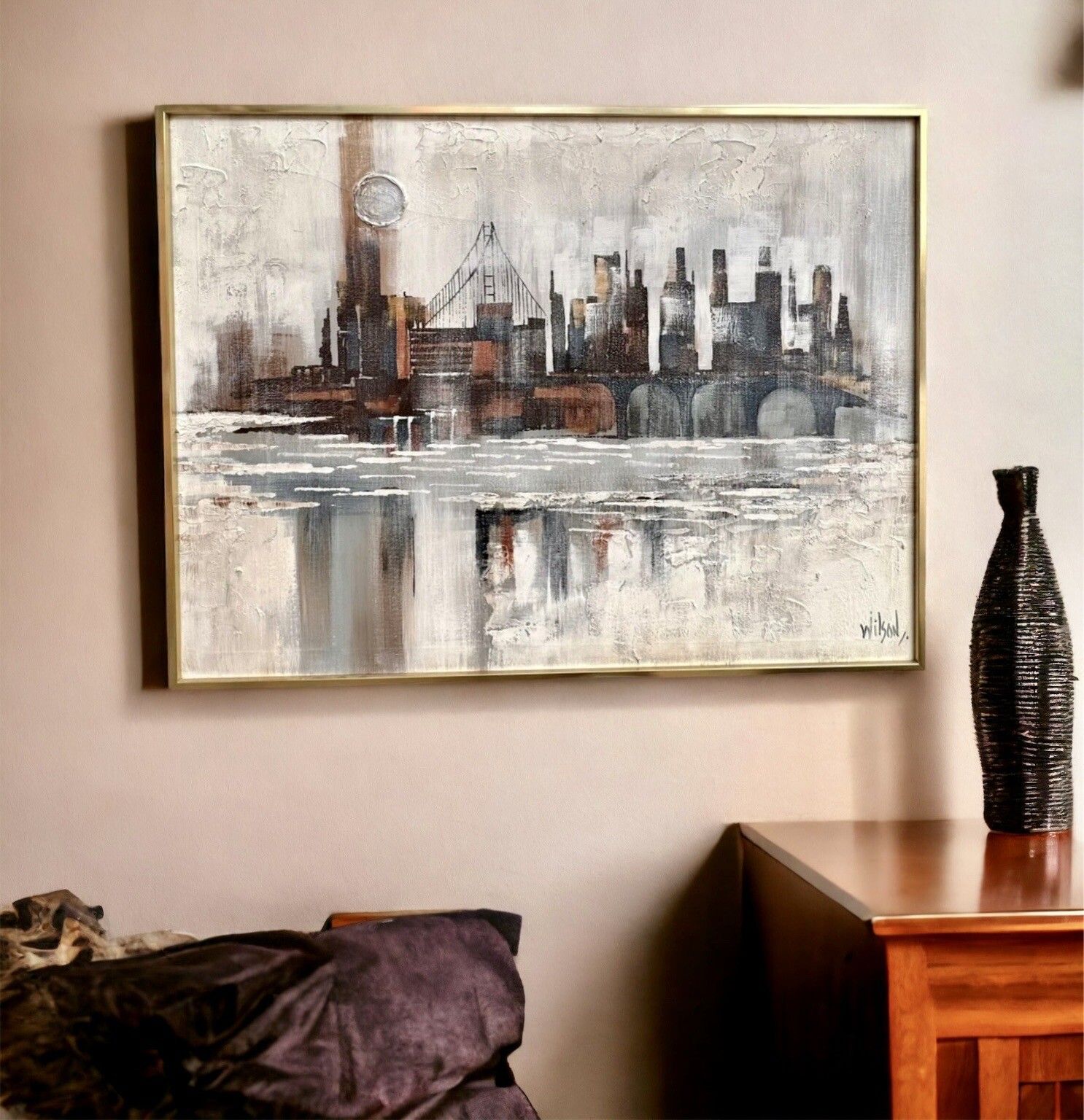 Original Signed Oil On Canvas “Misty Metropolis” Landscape Architecture 102cm