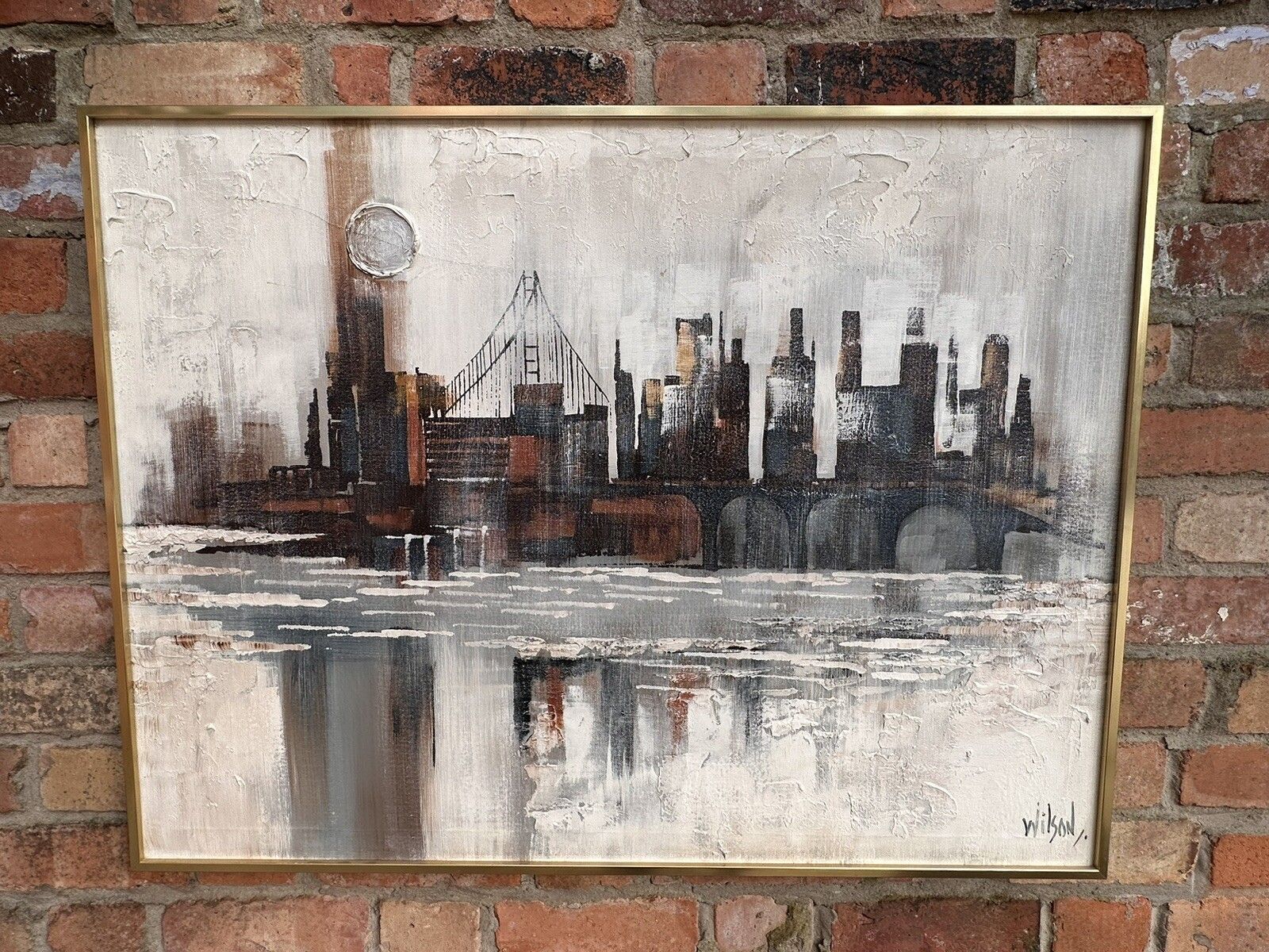 Original Signed Oil On Canvas “Misty Metropolis” Landscape Architecture 102cm photo for sale