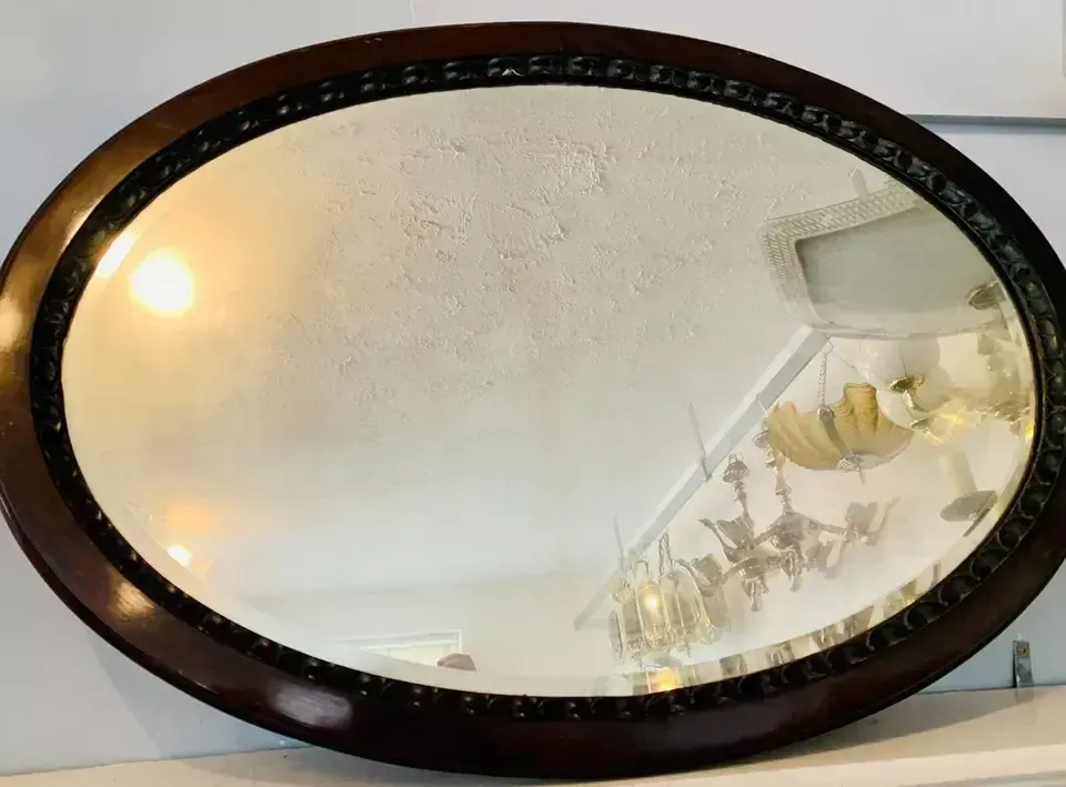 Antique Victorian Edwardian Ebony Rosewood Solid Wood  Mirror   Oval 82cm By 57 photo for sale