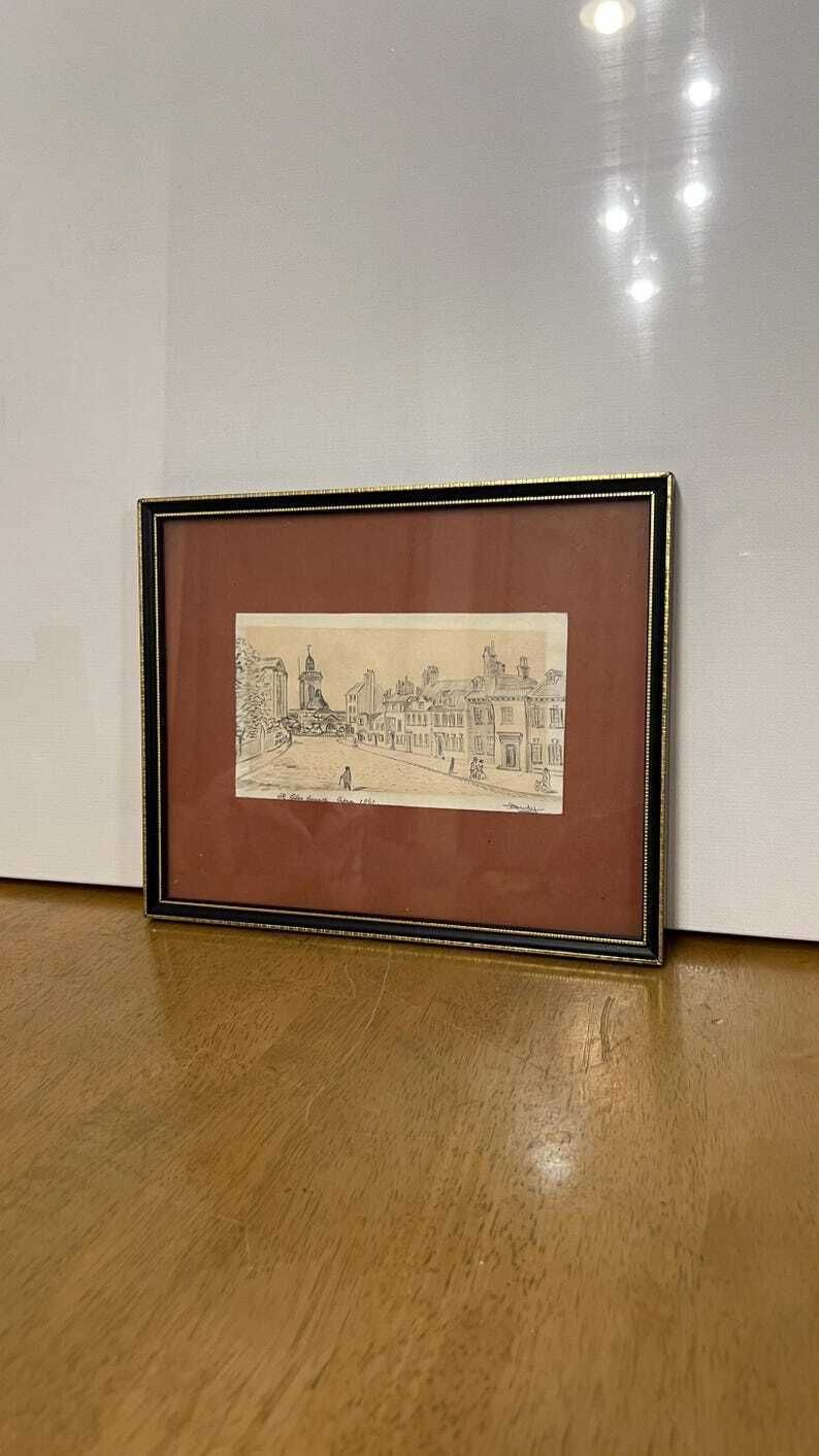 1861 Signed Pencil Drawing Of St. Giles Square – Framed Antique Artwork