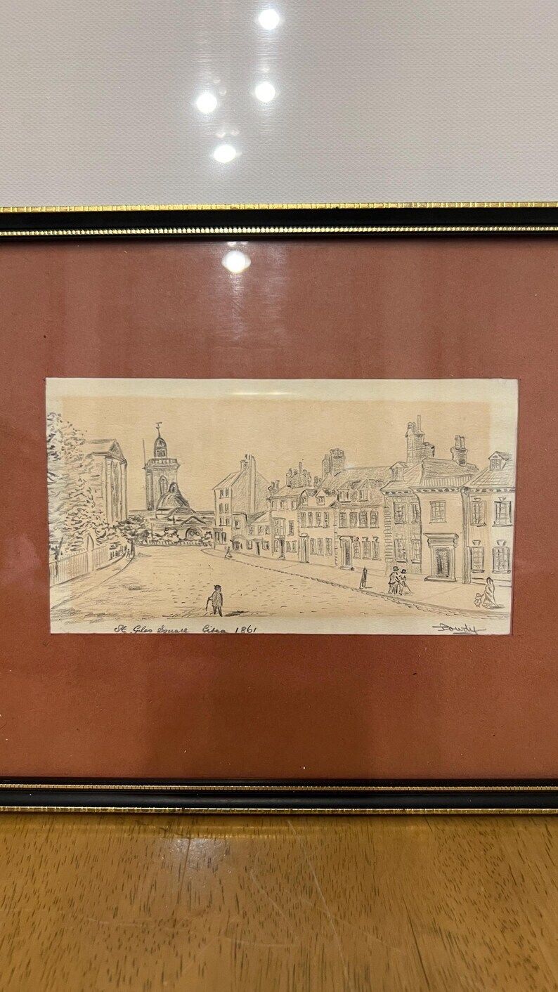 1861 Signed Pencil Drawing Of St. Giles Square – Framed Antique Artwork photo for sale