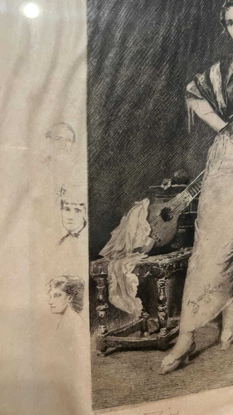 1889 Signed Etching "Tambourine Girl" By Ricardo De Los Ríos – Framed Antique Print photo 229.0