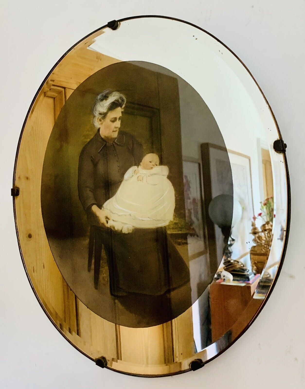 Original Edwardian Art Deco Frameless Mirror Photograph Frame On Chain 41cm X 36