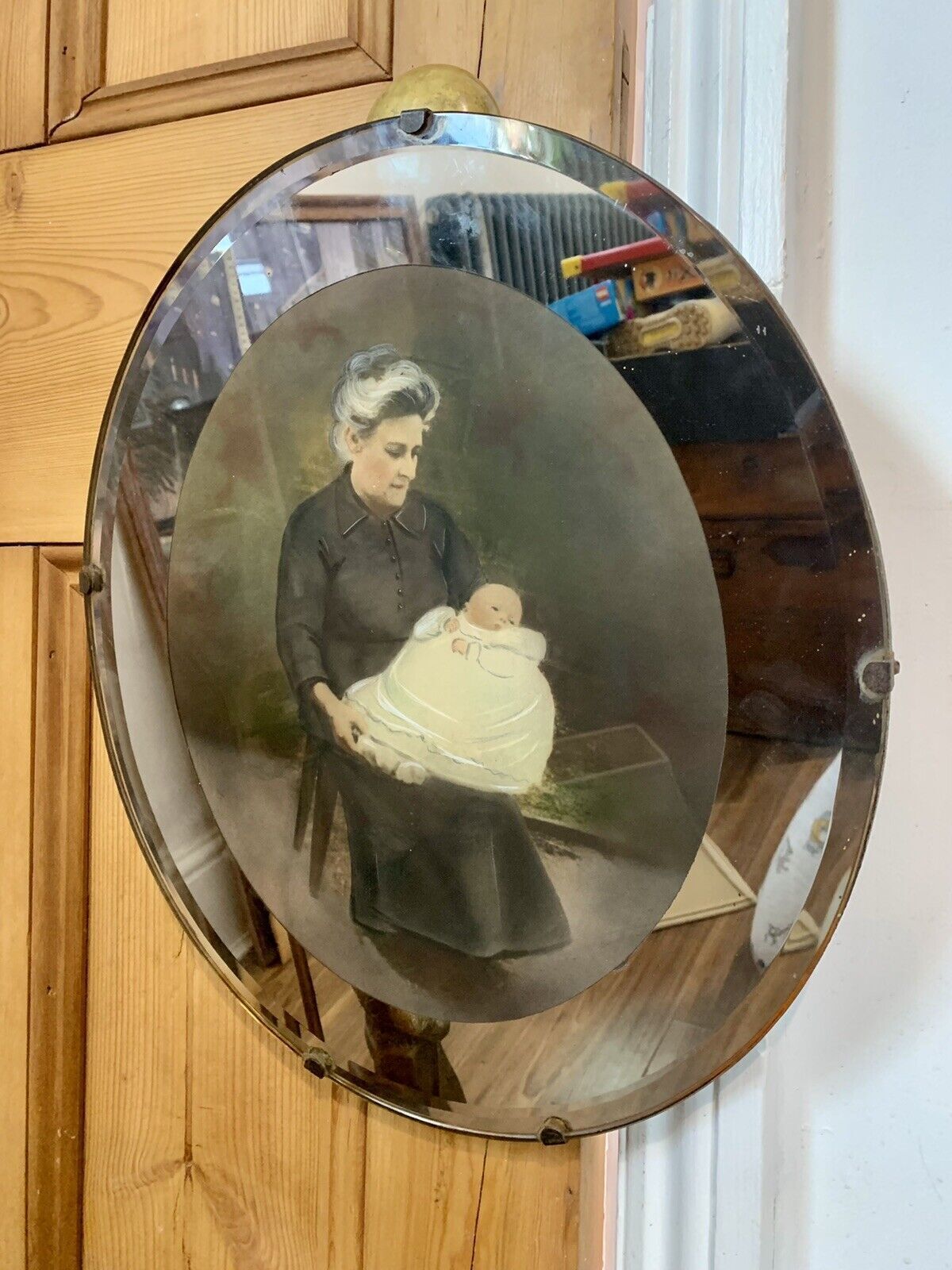 Original Edwardian Art Deco Frameless Mirror Photograph Frame On Chain 41cm X 36 photo vinterior