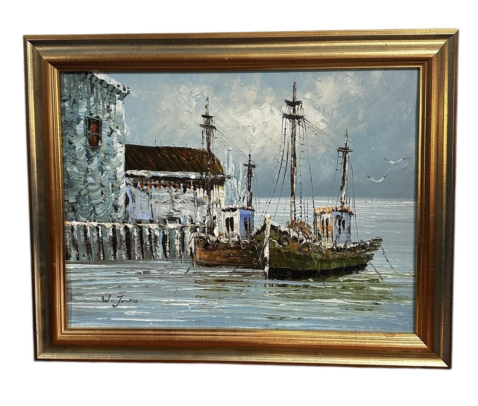 Fine Mid Century Oil Painting   Harbour Scene   Signed   48cm By 38cm