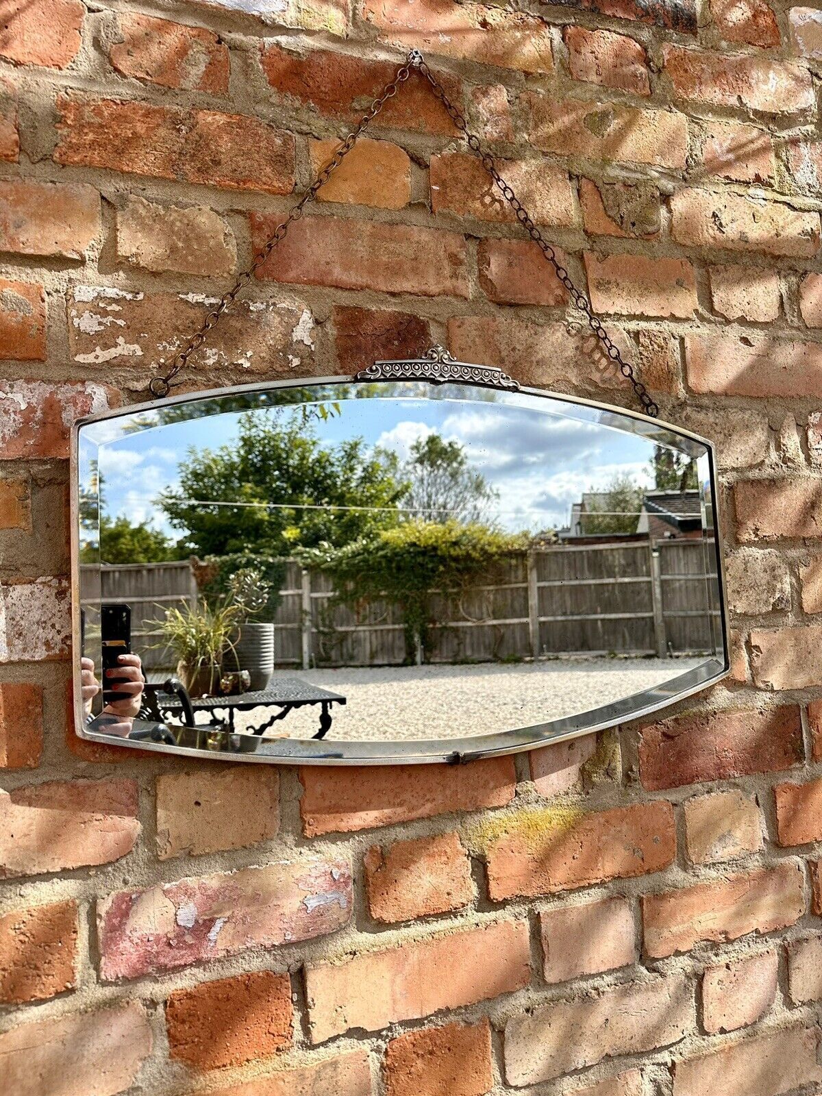 Original Art Deco Metal Framed Bevelled Chain Mirror   Gorgeous 70cm X 43cm photo furniture