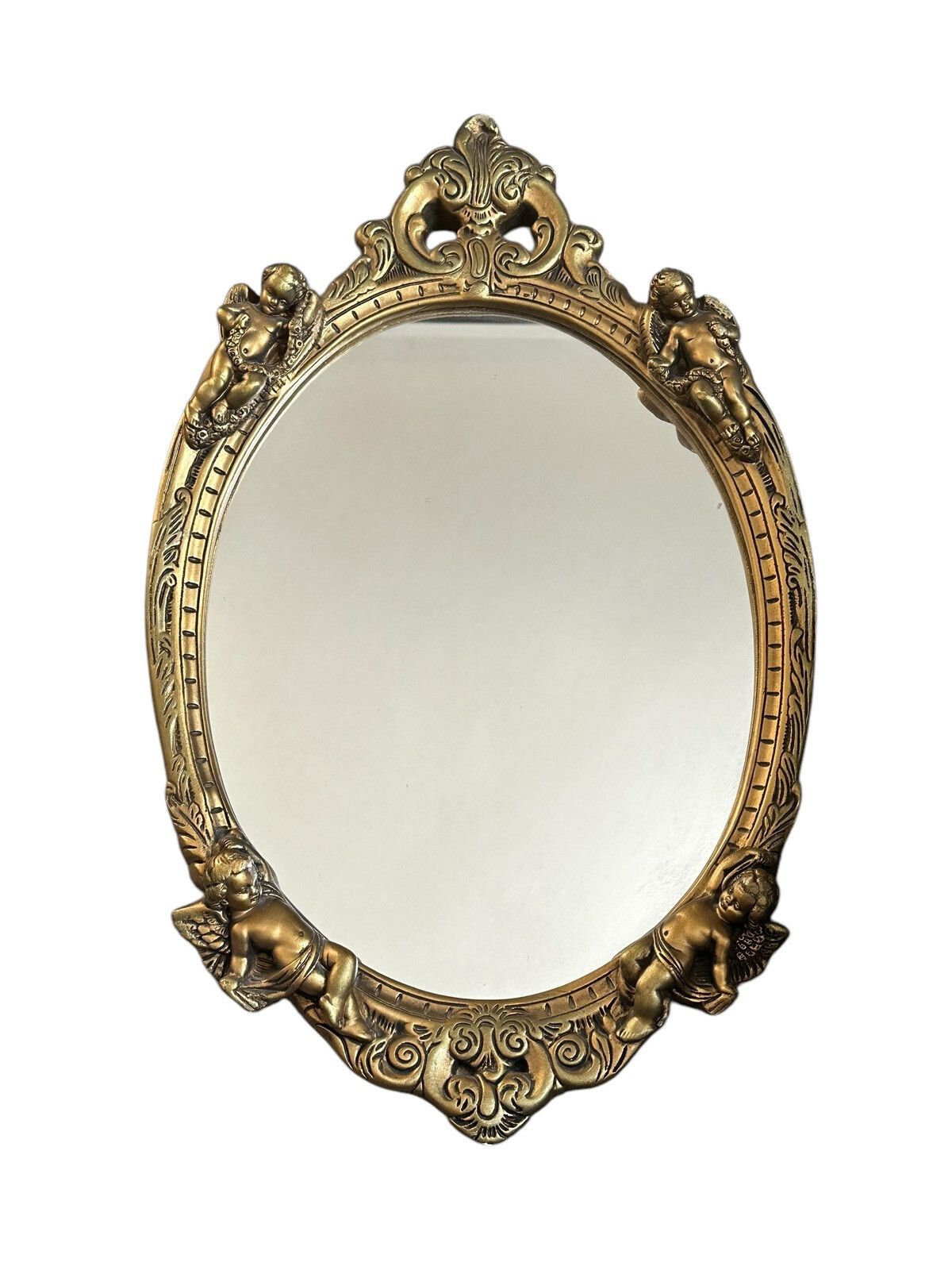 Ornate Rococo Style Gold Mirror Wall Mirror Gilt Frame Cherub Putti   65by40cm photo for sale