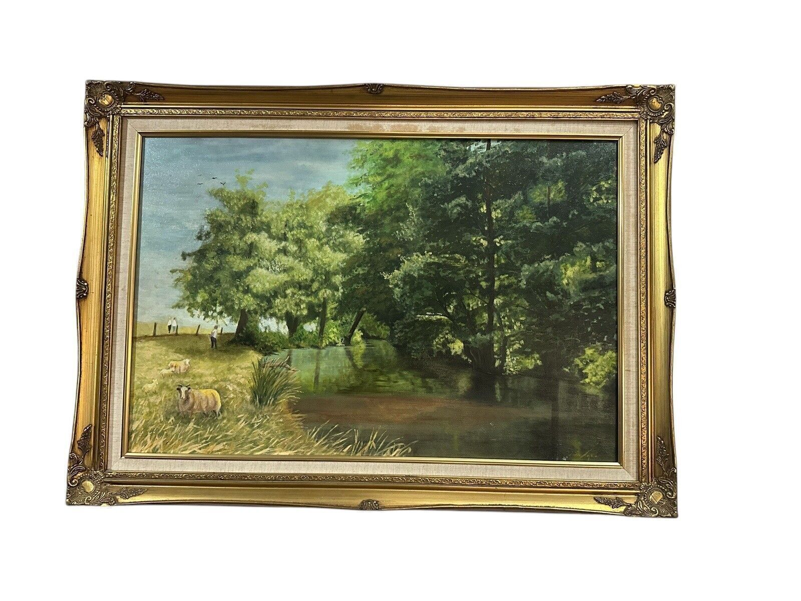Mid Century Signed Oil On Canvas   Landscape Sheep Scene   90cm By 65cm photo Art
