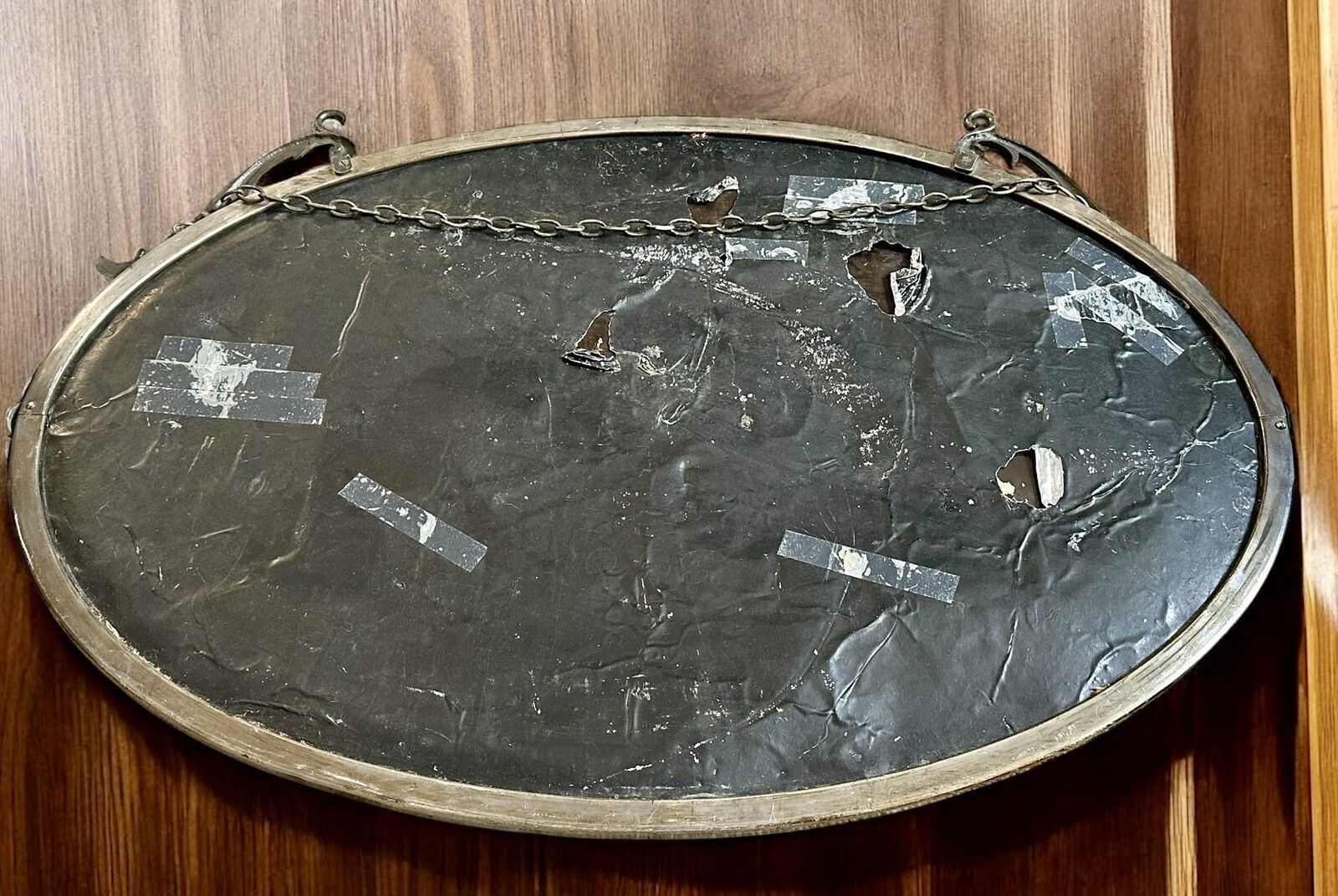 Antique White Metal Bevelled Oval Mirror   C1910 Edwardian Art Deco   80 By 54cm photo 165.0