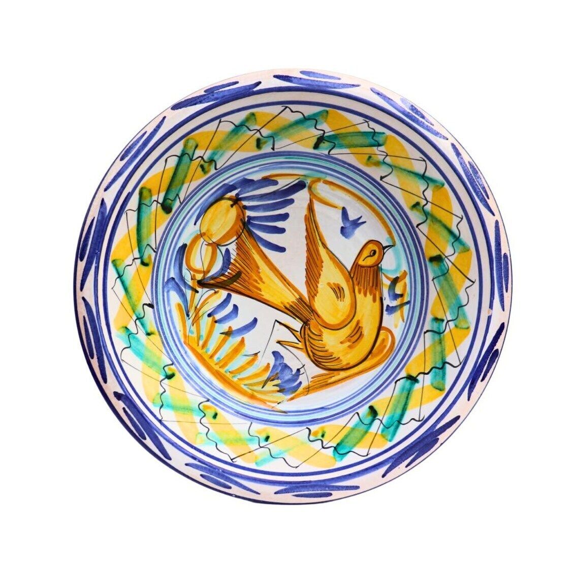 Large Spanish Pottery Hand Painted Bird Bowl Lebrillo Made In Murcia, Spain By El Poveo Fruit Bowl photo for sale