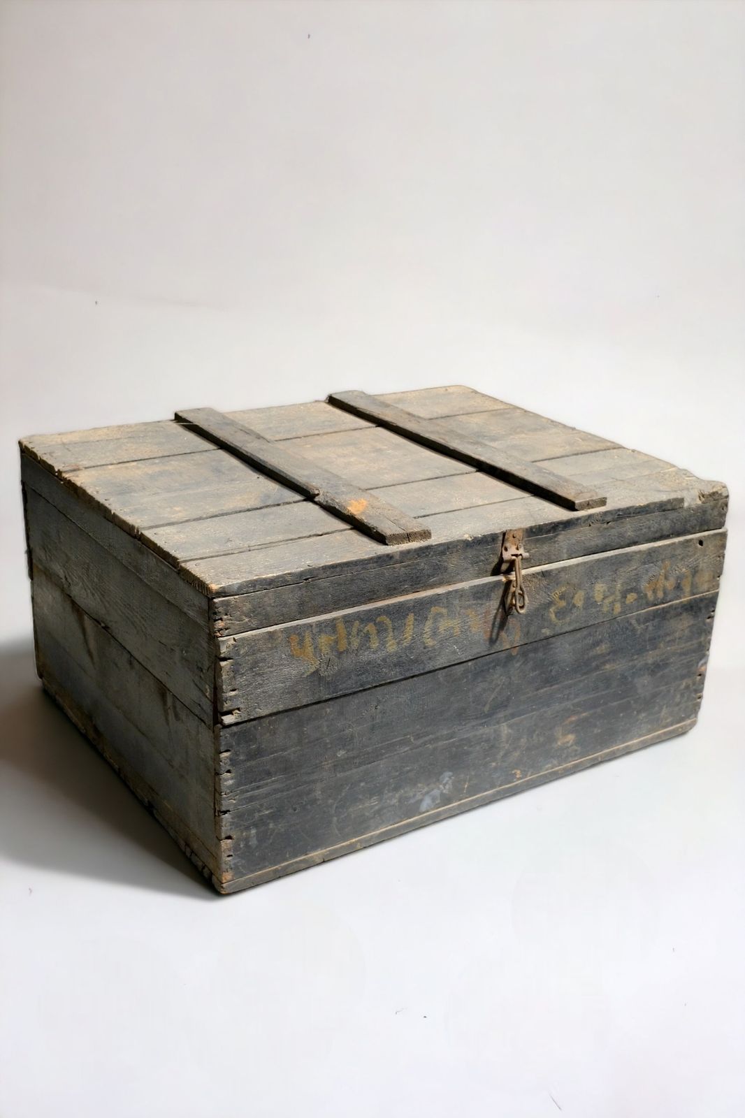 Antique 1950s Indian Steamer Trunk | Wooden Travel Chest From Gujarat With Iron Hardware & Faded Painted Markings photo Furniture
