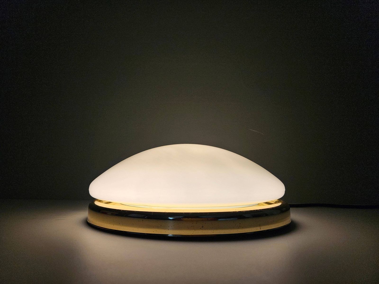 Large Vintage Glass Flush Mount Ceiling Light, Glossy White Glass Wall Lamp, Glass Ceiling Lamp, 80's Lampsp, Brass Lamp photo furniture