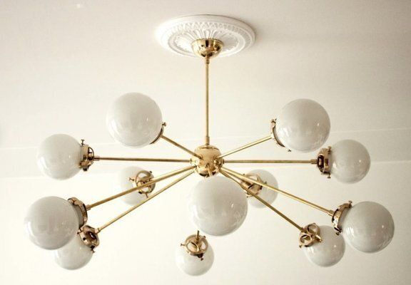 Sputnik Chandelier In Brass With 12 Opaline Spheres photo furniture