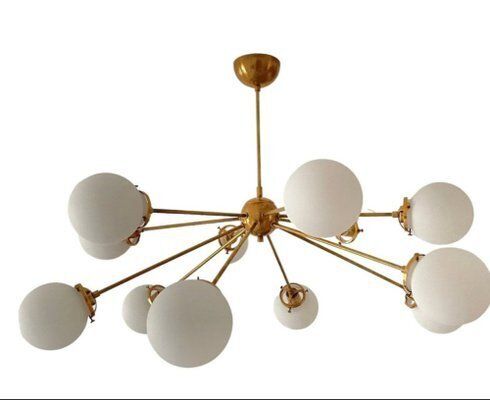 Sputnik Chandelier In Brass With 12 Opaline Spheres photo for sale