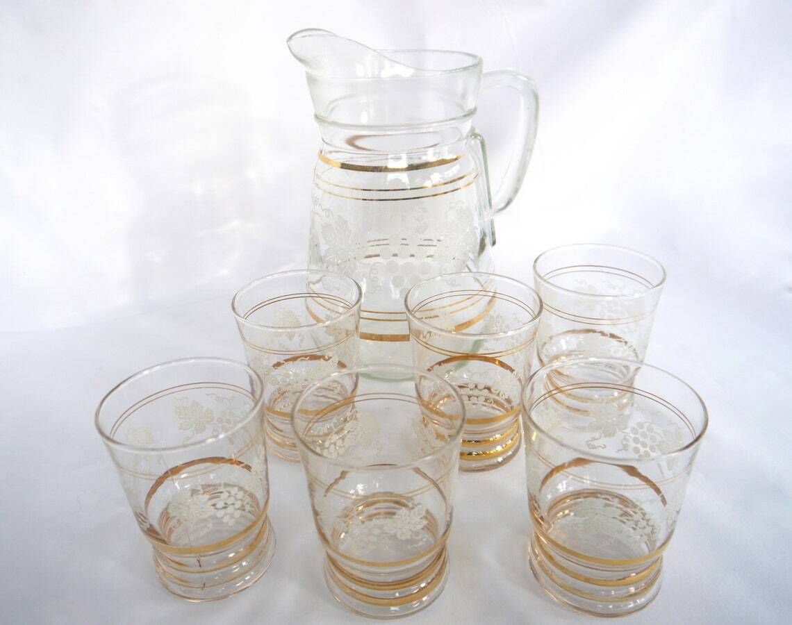Glass Jug And 6 Tumblers Set Glass Pitcher And 6 Glasses Vine Leaf Pattern Jug And Glasses Pitcher And Drinking Set
