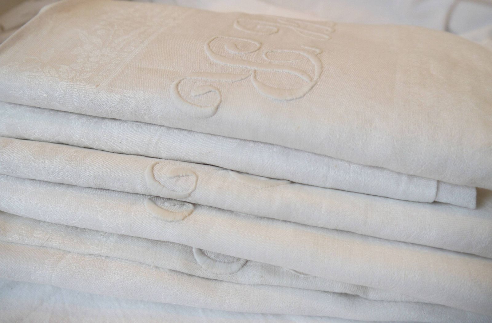 photo for sale Set Of 6 French Damask Hand Stitched Napkins, Vintage Table Napkins, Monogrammed Cotton Damask Table Napkins,